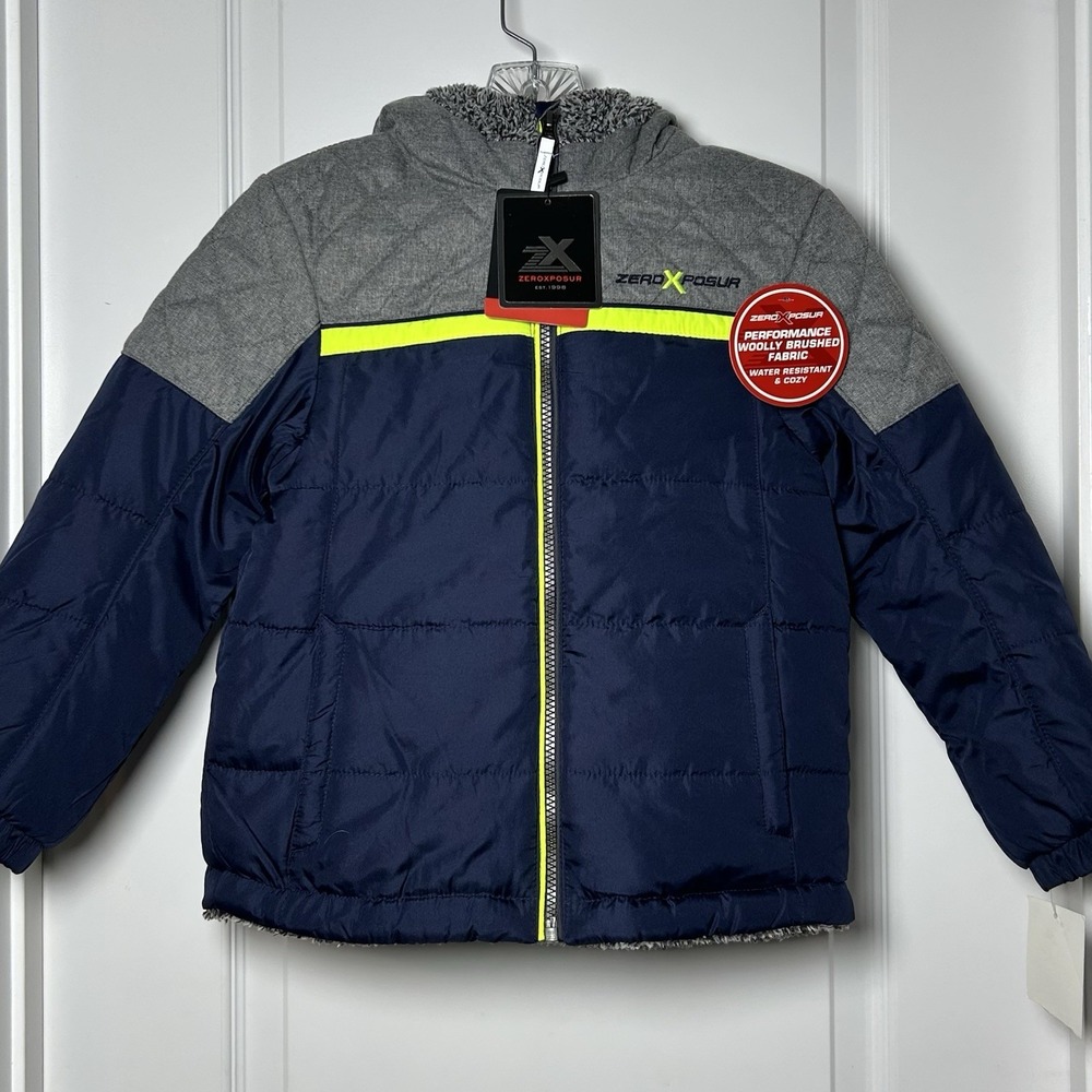 ZeroXposur Boys' Navy Grey Neon Yellow Colorblock Puffer‎ Sherpa Hooded Jacket